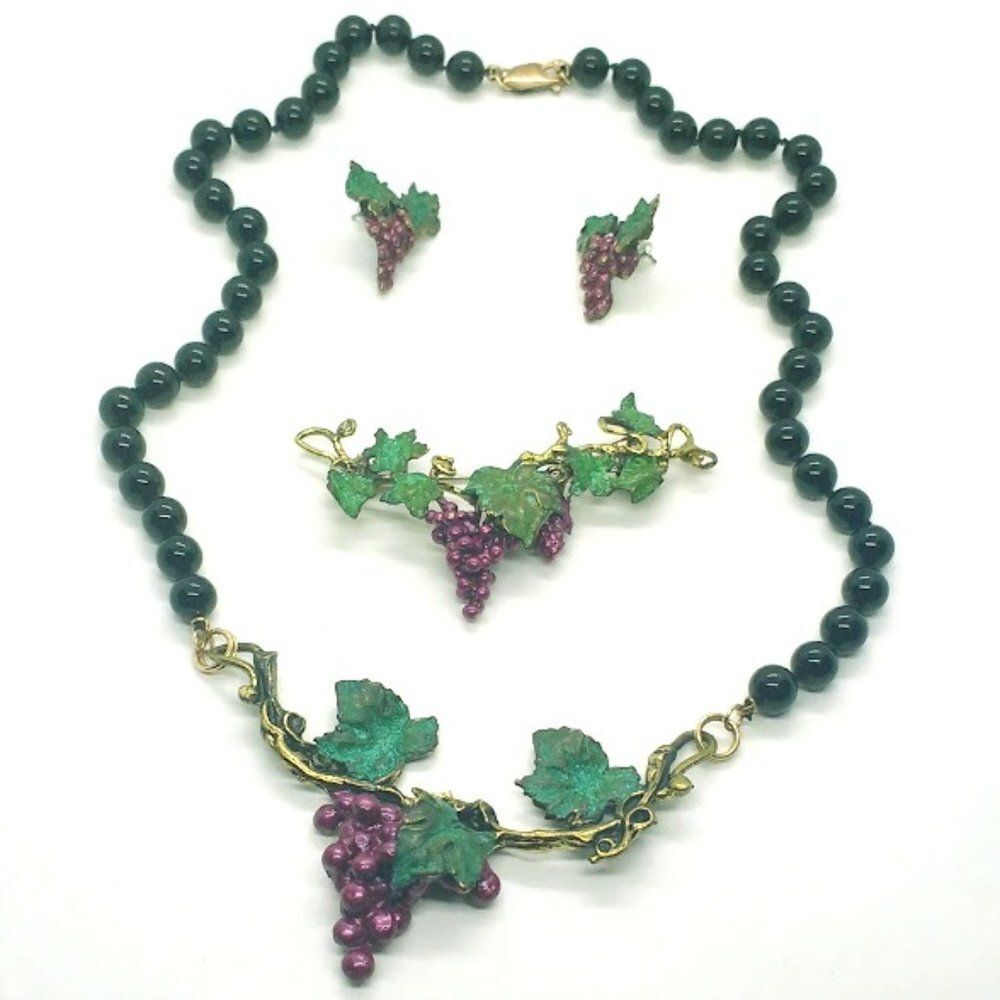 Vintage Richard Kaish Grape Vine Necklace Earrings Brooch Wine Theme Beads